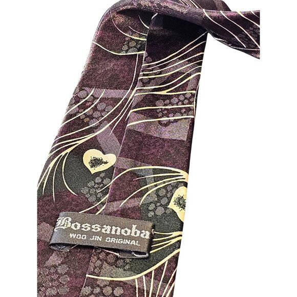 Vintage Bossanoba Silk Tie With Purple & Cream Abstract Floral  and Heart Design - Picture 2 of 10
